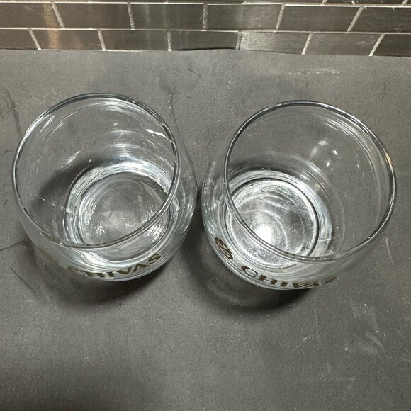 Chivas Whiskey Rocks Glasses Etched Gold Logo Swirl Shape Weighted Bottom 8oz - Picture 2 of 9